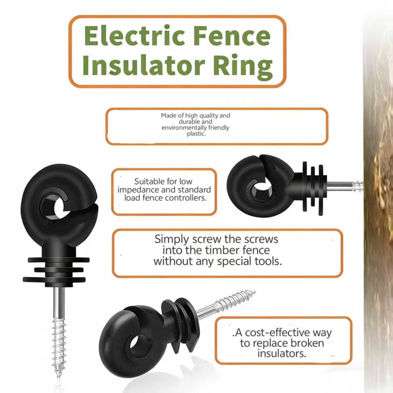 110PCS Upgraded Black Electric Fence Insulators,1 Pc Free Insulator Socket Tool,and 1 Gloves,Screw in Ring Insulators for Farm Animal Fencing(Grid System Accessories for Animal Husbandry Electronic)