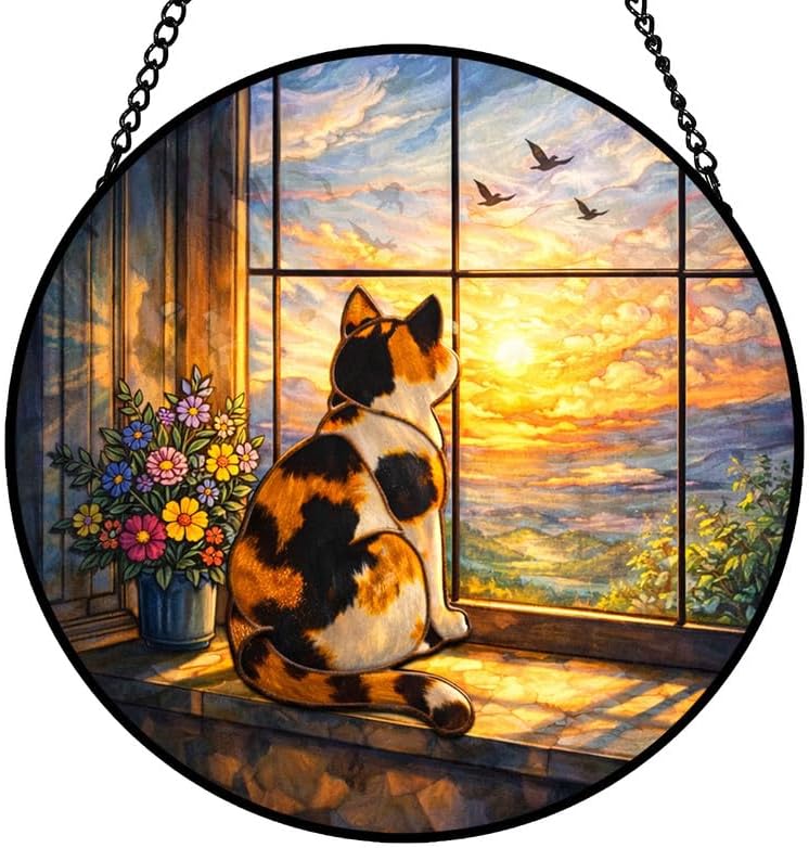 Stained Glass Window Hanging Suncatcher 11.8 in Calico Cat Sunset View Colorful Glass Panel Sun Catcher for Window， Window Hanging Decor for Home， Housewarming Gift