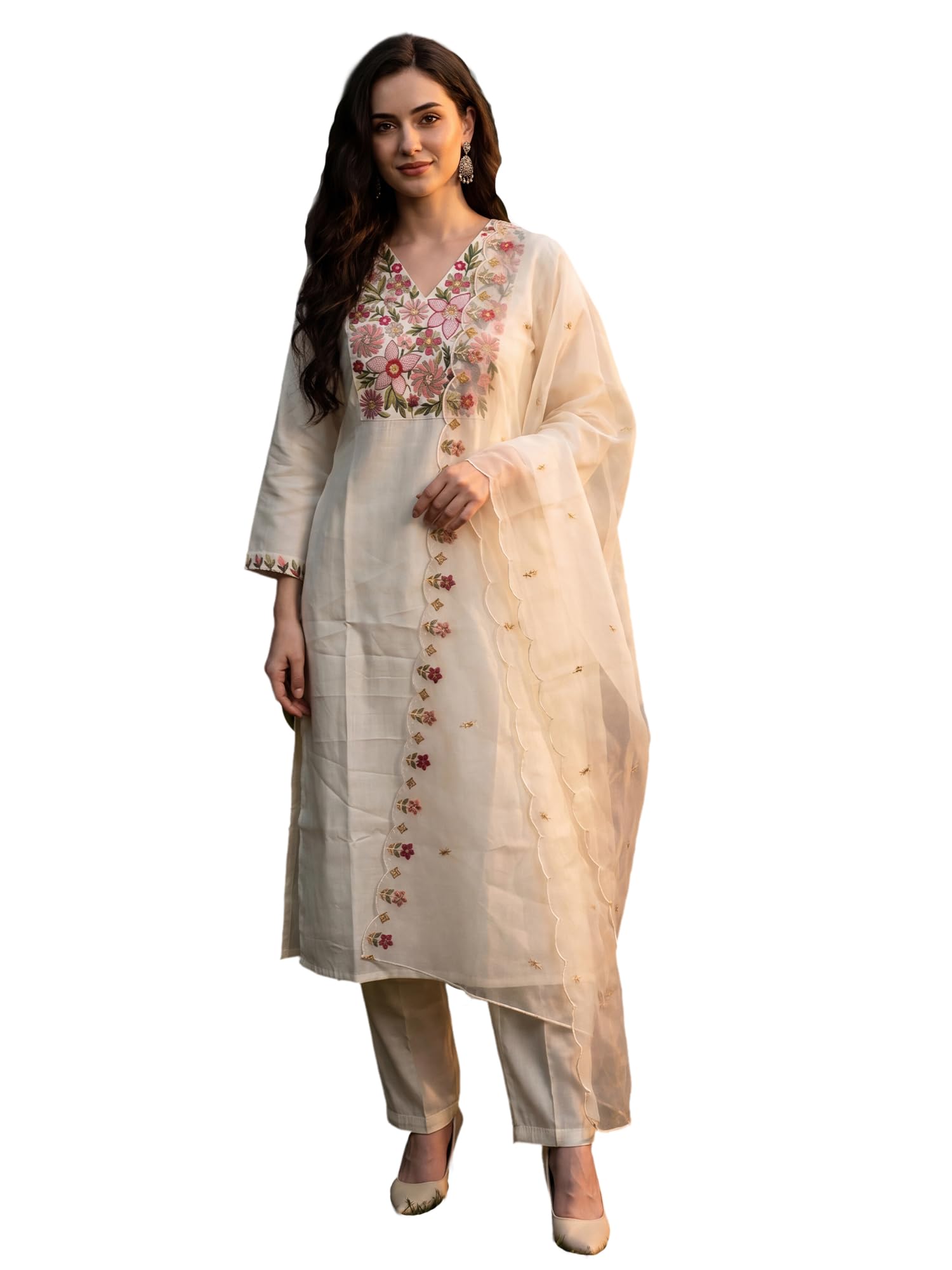 INDO ERA Women's Silk Blend Embroidered Straight Kurta & Pant with Dupatta Set | Kurta Sets For Woman