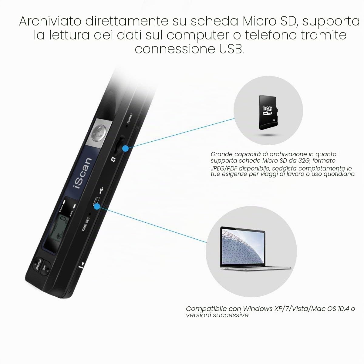 Scanner Per Documenti Portatile con Scheda TF da 16GB, 900 DPI Alta Risoluzione Mini Scanner, USB A4 a Colori iScan Document Image Scanners Supporto PDF/JPG