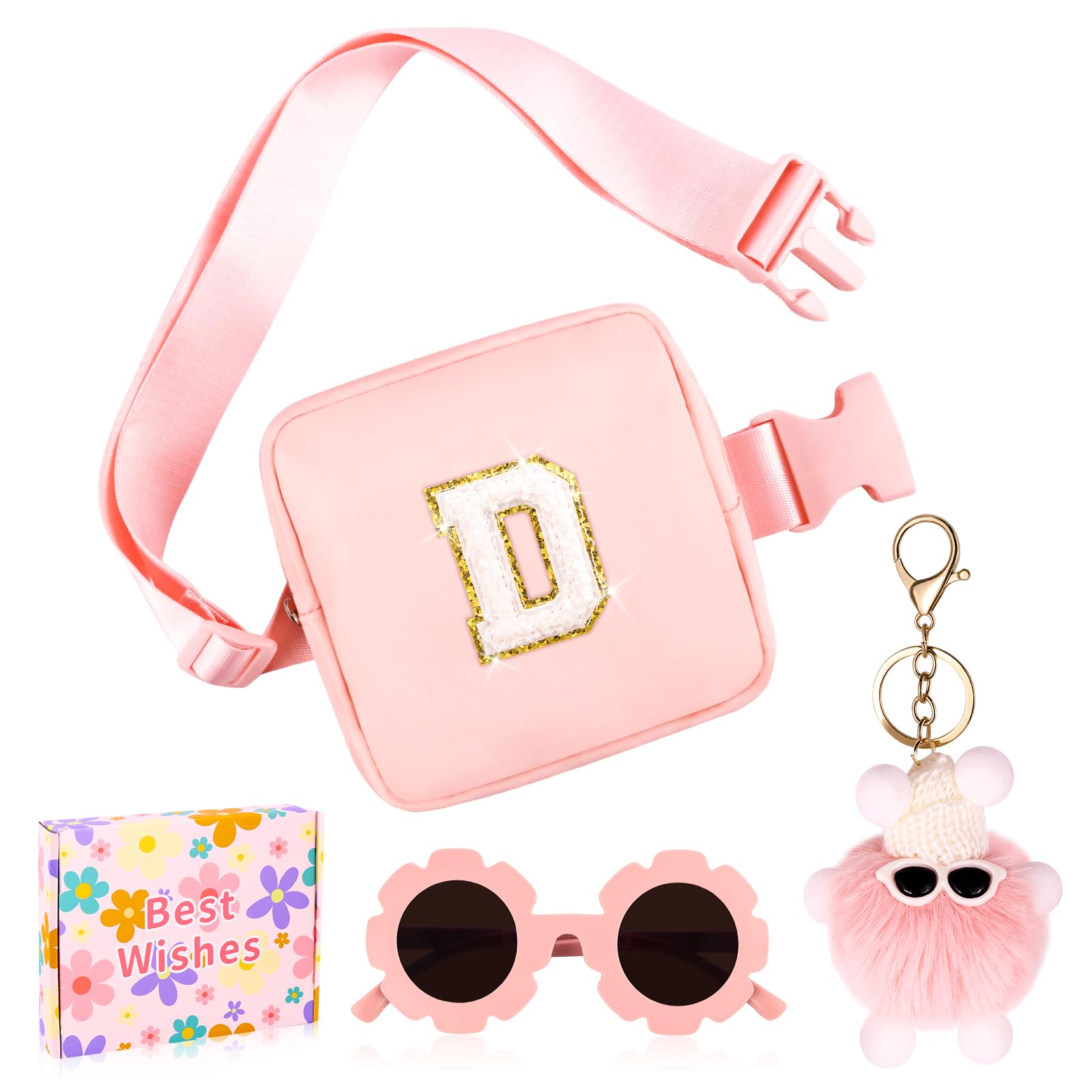 WINOWIMO Personalized Mini Fanny Pack for Kids with Sunglasses & Cute Keychain, Small Initial Belt Crossbody Bag Purse for Teen Girls, Birthday Gifts