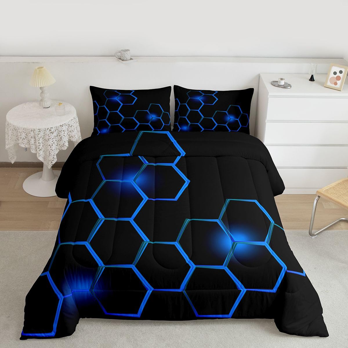 Feelyou Honeycomb Kids Comforter Set ModernHexagon Bedding Set for Boys Children Teens Bedroom Decor Geometrical Comforter Beehive Geometric Black