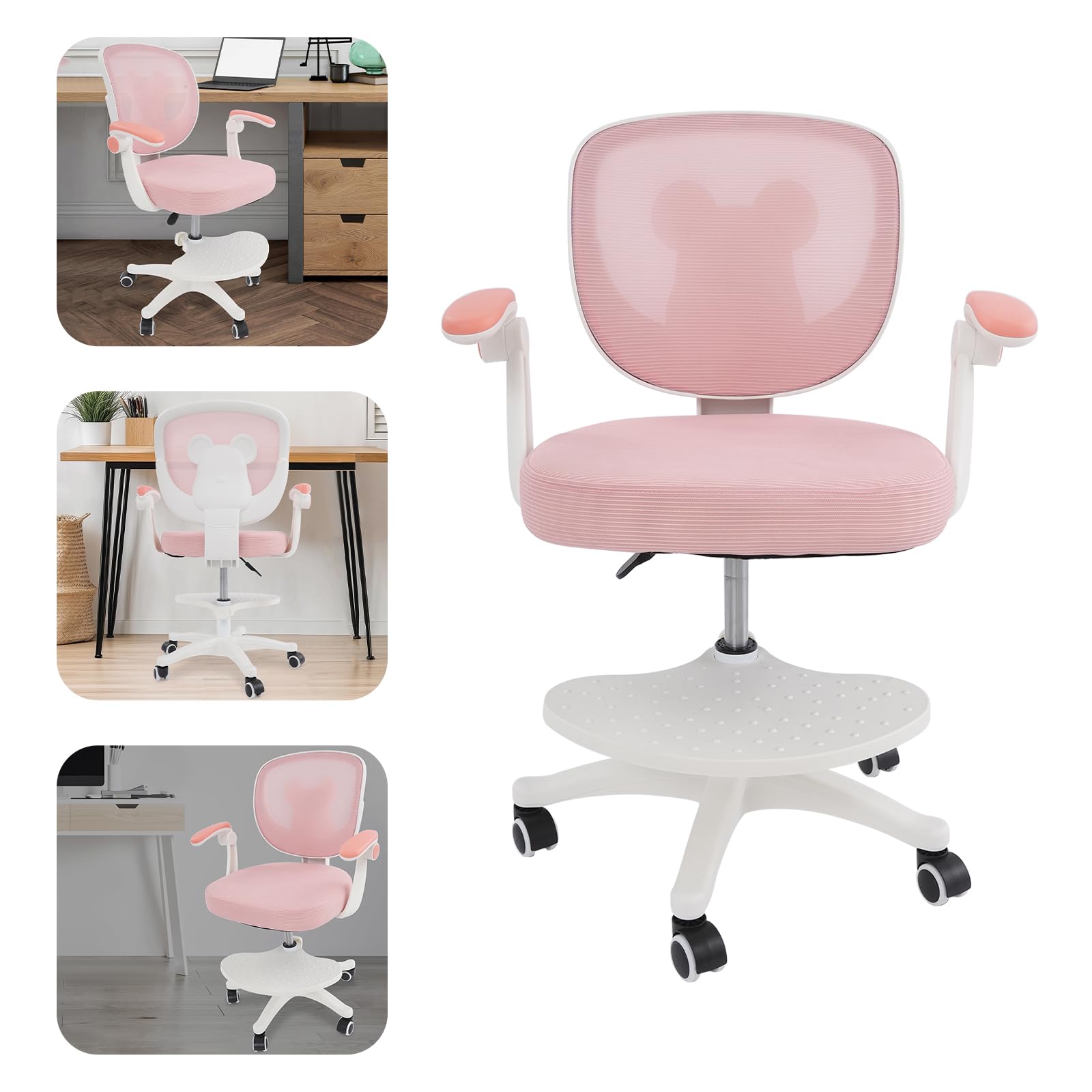 Silla de escritorio infantil giratoria 360°, altura regulable, silla infantil con respaldo y reposabrazos, para niños a partir de 6 años, silla giratoria de oficina con 5 ruedas, color rosa