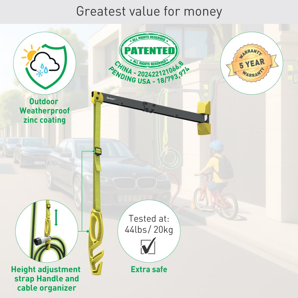 Barkan Brazo de Pared Protector para Cable de Cargador de Coche electrico de 61 cm, con garantía de 5 años, Recubrimiento de Zinc Impermeable para Uso Interior y Exterior, Vehiculo Electrico