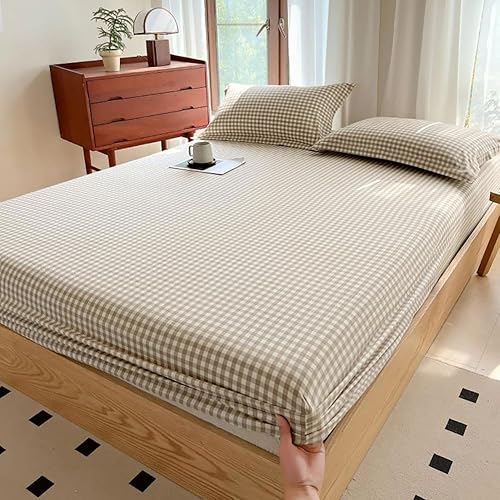 Sábana bajera ajustable de algodón lavado 100% en color topo con diseño Gingham para cama queen, con bolsillo profundo de 15 pulgadas, sábana bajera