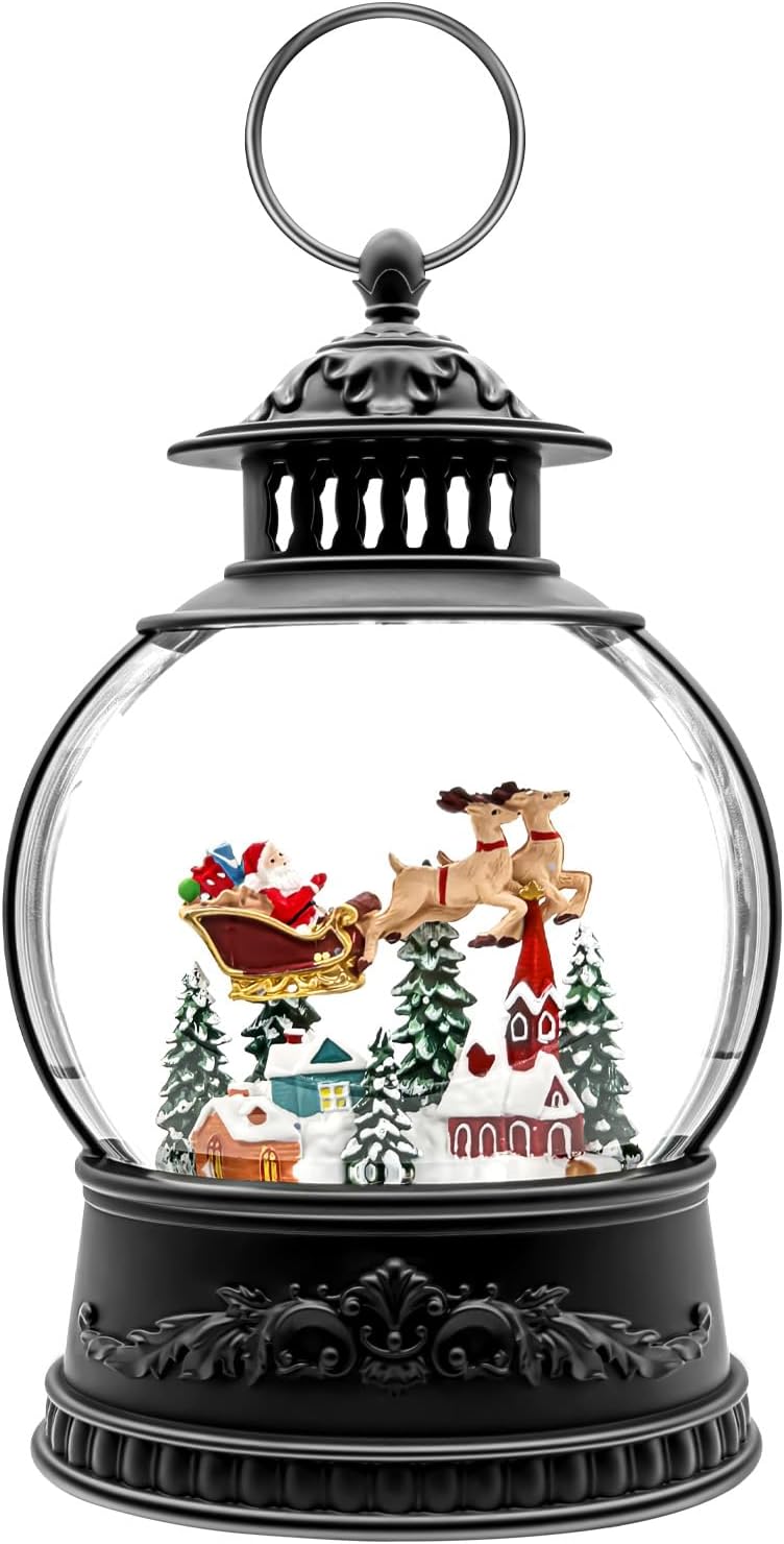 Christmas Snow Globe Lantern, Oval Musical Glitter Water Dome with Santa Sleigh & Reindeer, Lighted Snowfall, 6H Timer, USB or Battery Powered Holiday Décor - Image 8