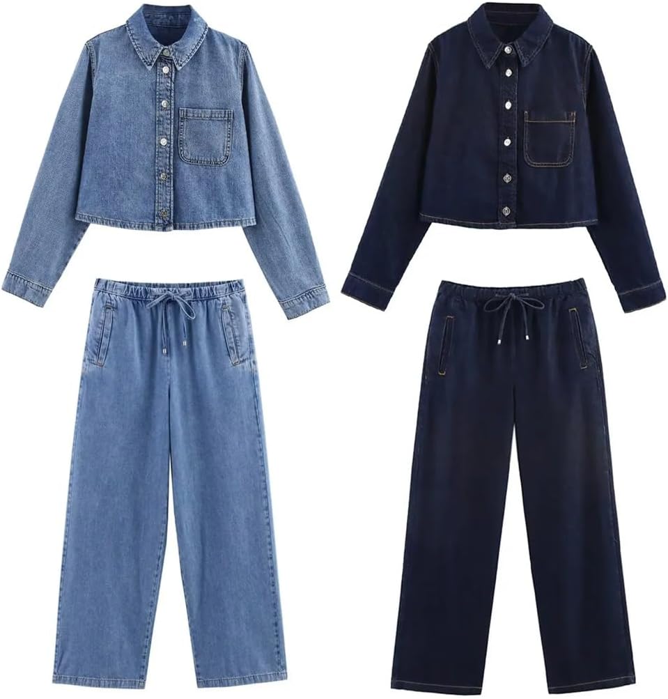 Womens Long Sleeve Cropped Denim Jacket And Drawstring Waist Pants Set Casual Loose Fit Summer Outfit