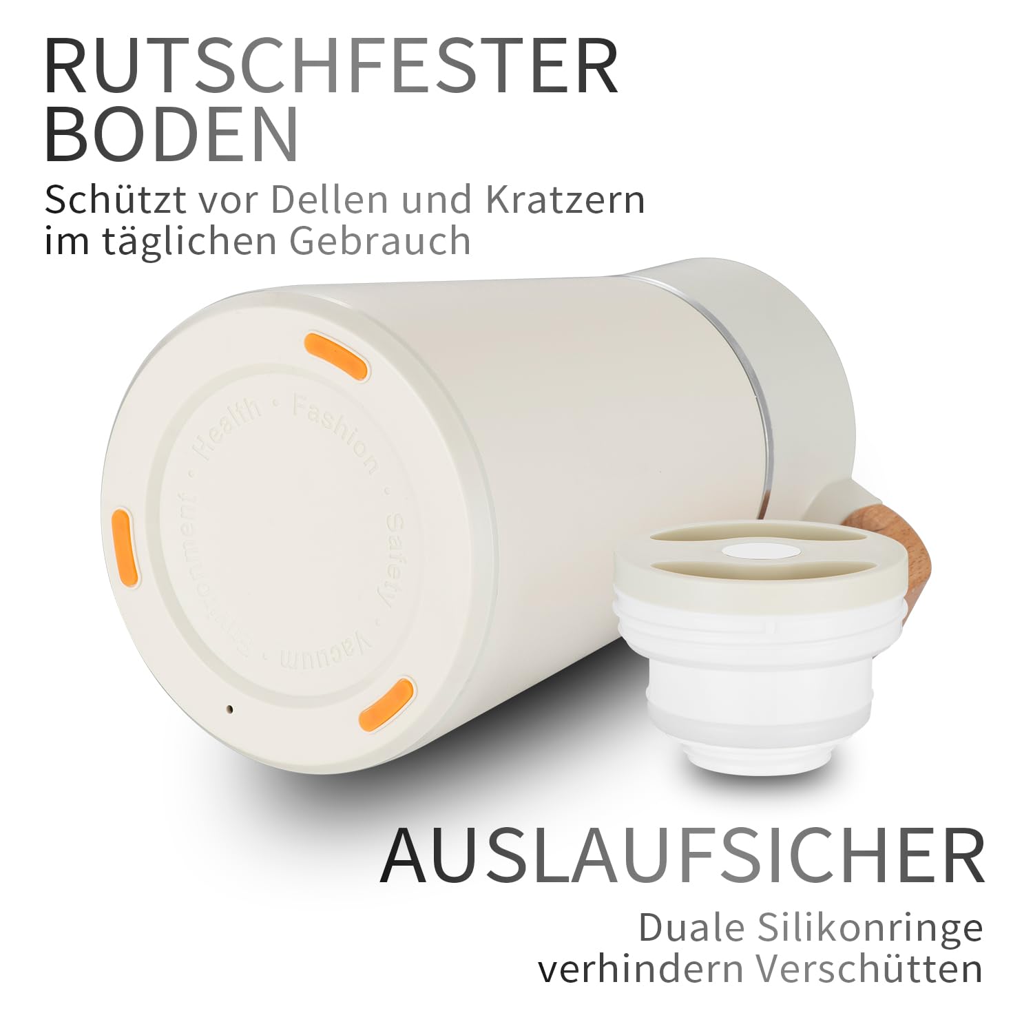 VETIN 1,5L Thermoskanne mit Teesieb, Teekanne mit Siebeinsatz Thermo, Kaffeekanne Thermo 304 Edelstahl, Isolierkanne mit Holzoptik Griff, 10h Hitze / 16h Kälte (Deckel: Weiß | Korpus: Warmes Beige)