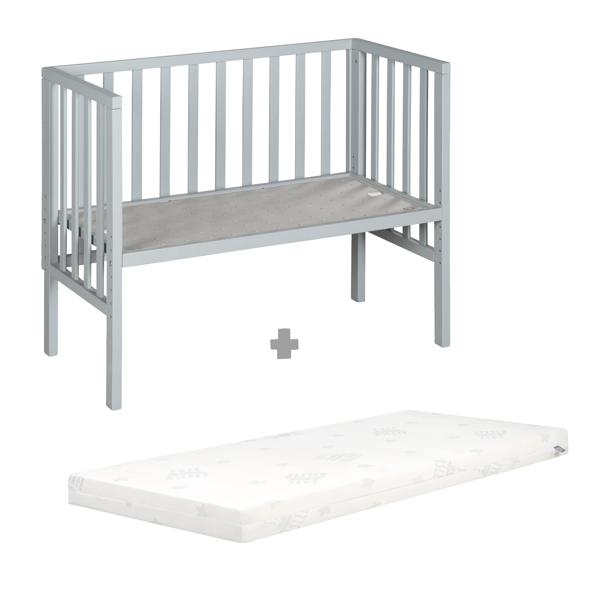 roba Lettino Co-sleeping 2 in 1, Inserto safe asleep 45 x 90 cm e Barriera, Adatto a Tutte le Altezze dei Letti dei Genitori, dalla Nascita, Trasformabile in Panca, Legno Laccato Grigio
