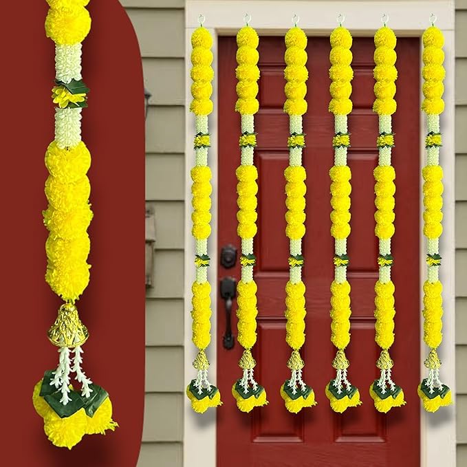 Image of iHandikart Decorative Marigold Hanging Strings, Pack of 6 Artificial Flower Garlands for Door, Home, Wedding, Diwali & Festival Decoration Size (47 Inch)