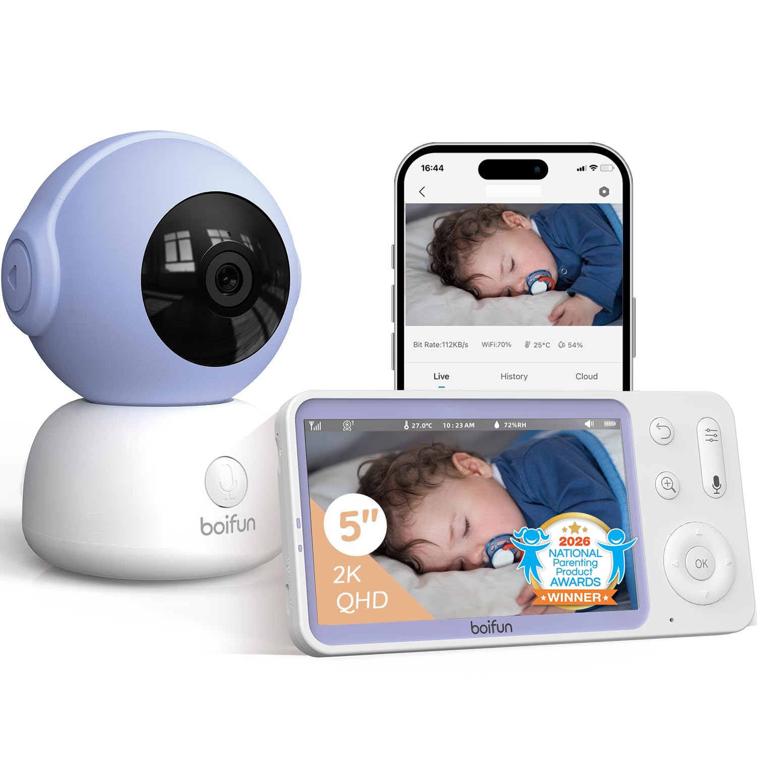 BOIFUN 2026 2K/3MP Babyphone mit Kamera WLAN, Nachtsicht ohne Sichtbares Licht, 5" Video Babyfon mit App, 360° Automatische Verfolgung, Weinen-, Bewegungs- und Geräuscherkennung, Temperaturerkennung