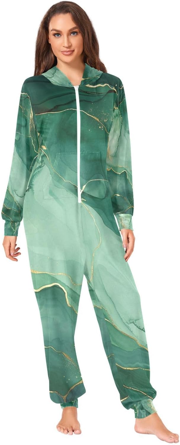 Green Marble Ink Unisex Adult Onesie Pajamas Comfy One Piece Costume Jumpsuits Novelty Sleepwear Homewear for Men Women