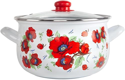 Olla de aluminio esmaltado amapolas vientre cazuela profunda olla de cocina con tapa de vidrio Utensilios de cocina Olla de sopa (2.1 L)