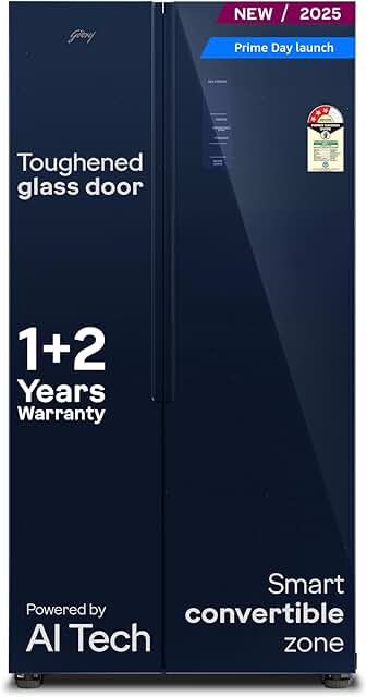 Godrej 600 Litres 3Star 2025 Model | 1+2 Year Additional Warranty | Smart Convertible Zones | Toughened Glass Door | Frost Free Inverter Side By Side Refrigerator