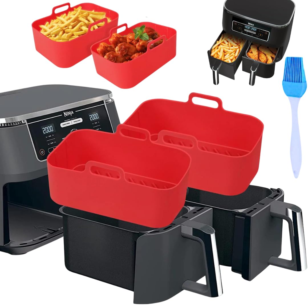 2PCS Ninja air Fryer Silicone Liners with Brush, Reusable Ninja Silicone air Fryer Liners 9.5l,Ninja air Fryer Liners AF400UK &AF300UK, Ninja Dual air Fryer Accessories for Air Fryer, Oven, Microwave