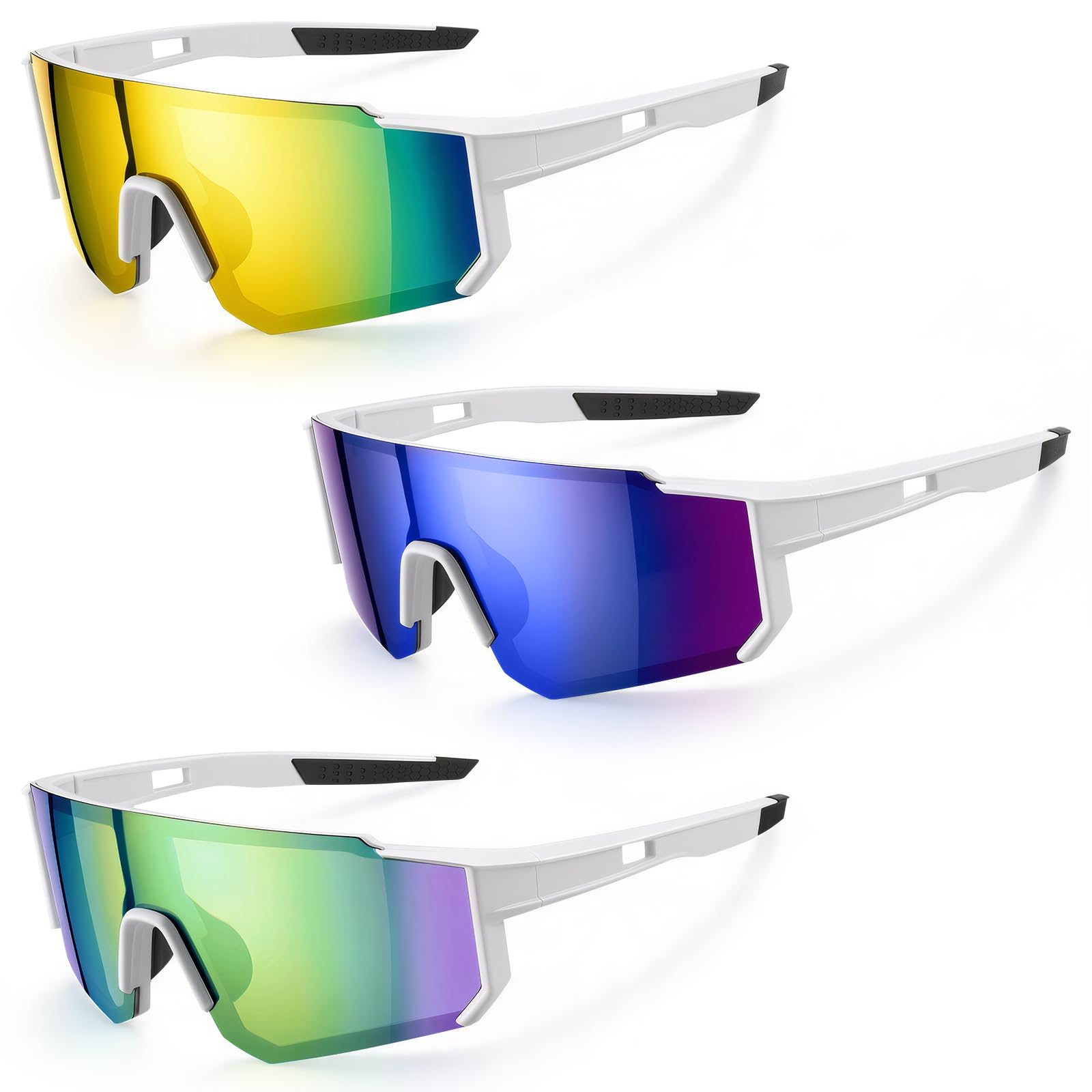 Lot de 3 Lunette de Vitesse, Protection UV400 Lunette Running Femme Homme, Ultra-Léger Lunette Velo, Lunettes de Cyclisme avec Plaquettes Nasales Réglables, pour Vtt, Cycliste, Randonnée, Ski