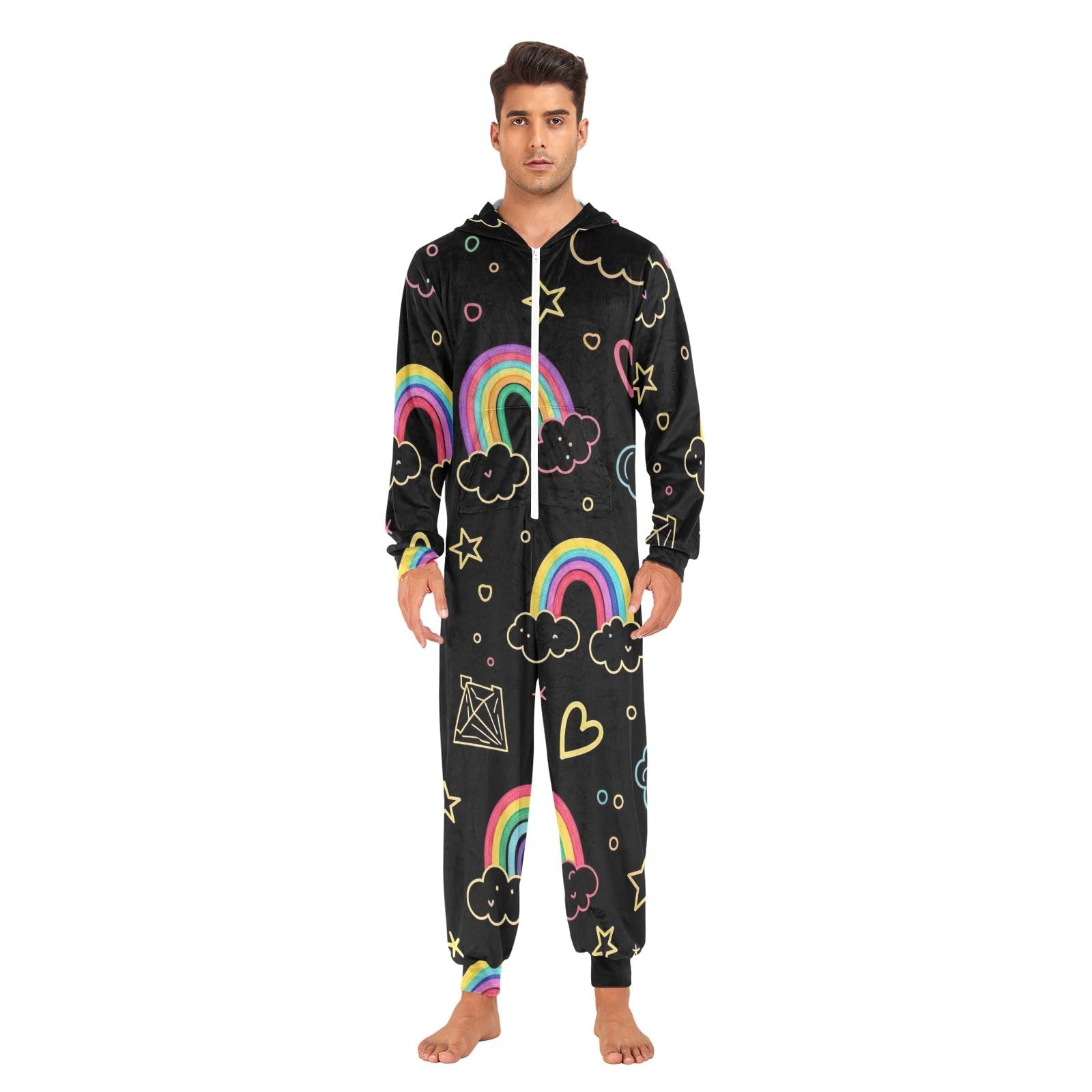 Carino Stars Rainbows Nero Adulto Onesie Pigiama, Morbido Pile Natale Tuta, Accogliente Un Pezzo Loungewear