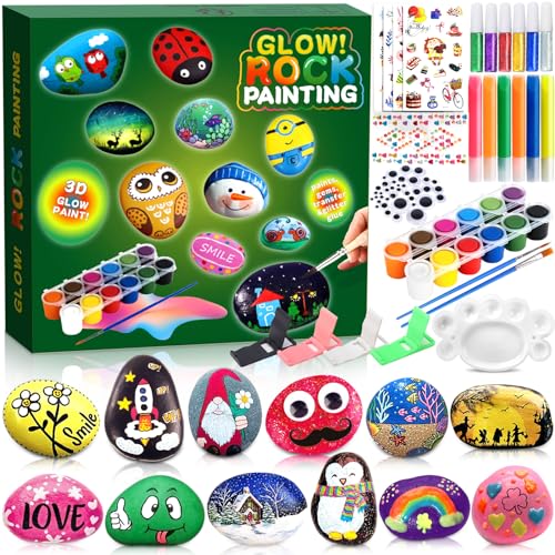 BEYAOBN Juego de 12 piedras para pintar para niños con 12 colores que brillan en la oscuridad, juego de manualidades, pintura de piedra creativa, para niños, adultos, regalos