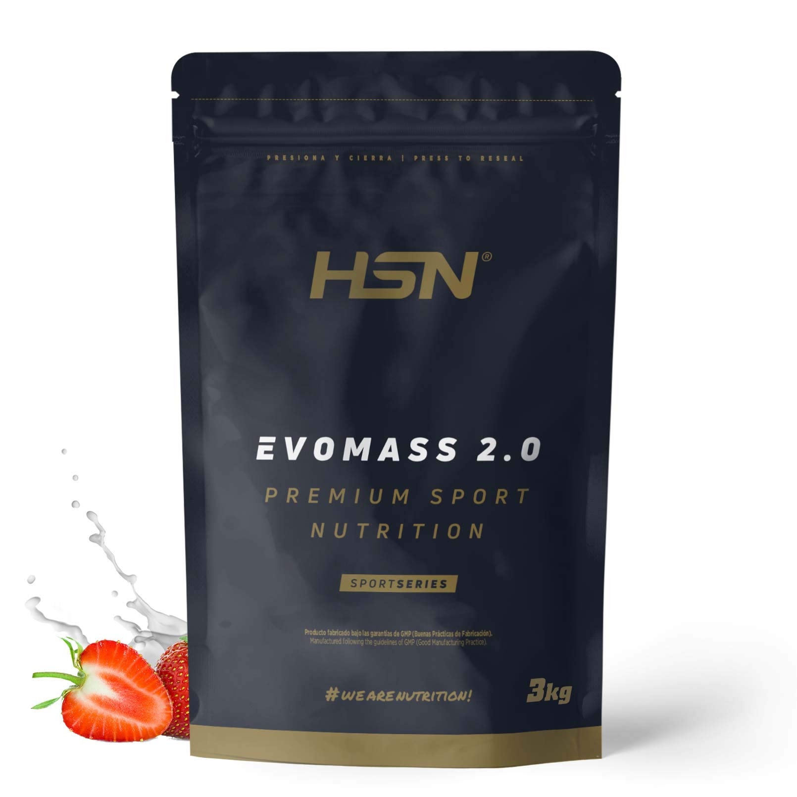 Batido de Carbohidratos y Proteínas Vegetariano de HSN Evomass 2.0 | Sabor Fresa 3 Kg = 30 Tomas por Envase | Whey Protein y Proteína de Leche | Textura Cremosa | No-GMO, Sin Gluten