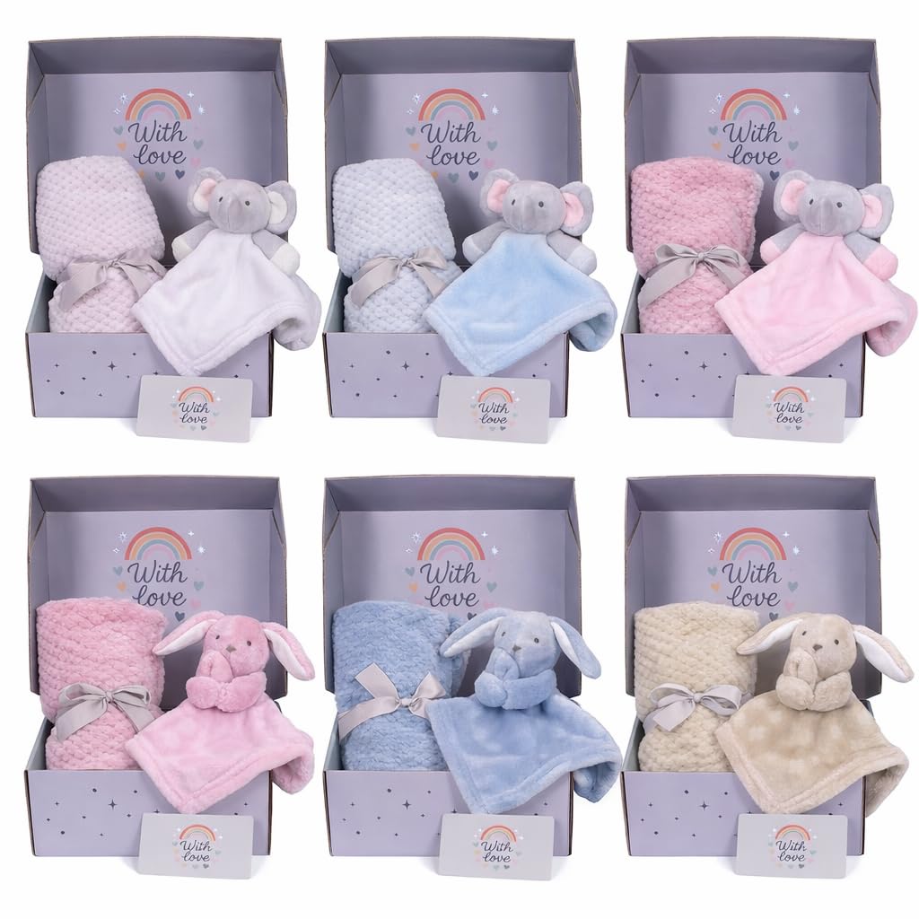 Hoolaroo Newborn Baby Gift Set – Baby Girl Hamper Box with Comforter, Soft Fleece Blanket, & Card – Ready to Gift for Gender Reveals, Pink