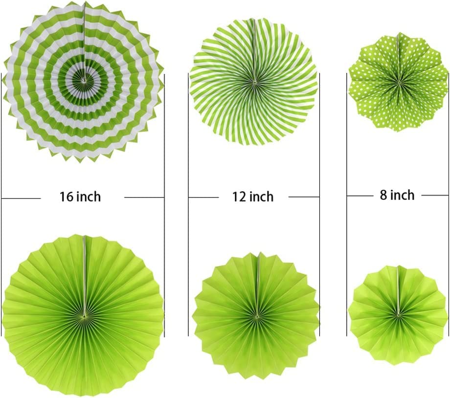 Image of 6 pcs Green Hanging Paper Fans for Party Decoration Colorful Patterns Party Fans for Birthday Anniversary Bridal Shower Baby Shower Christmas Diwali & Wedding Decor (Pack of 6, Green)