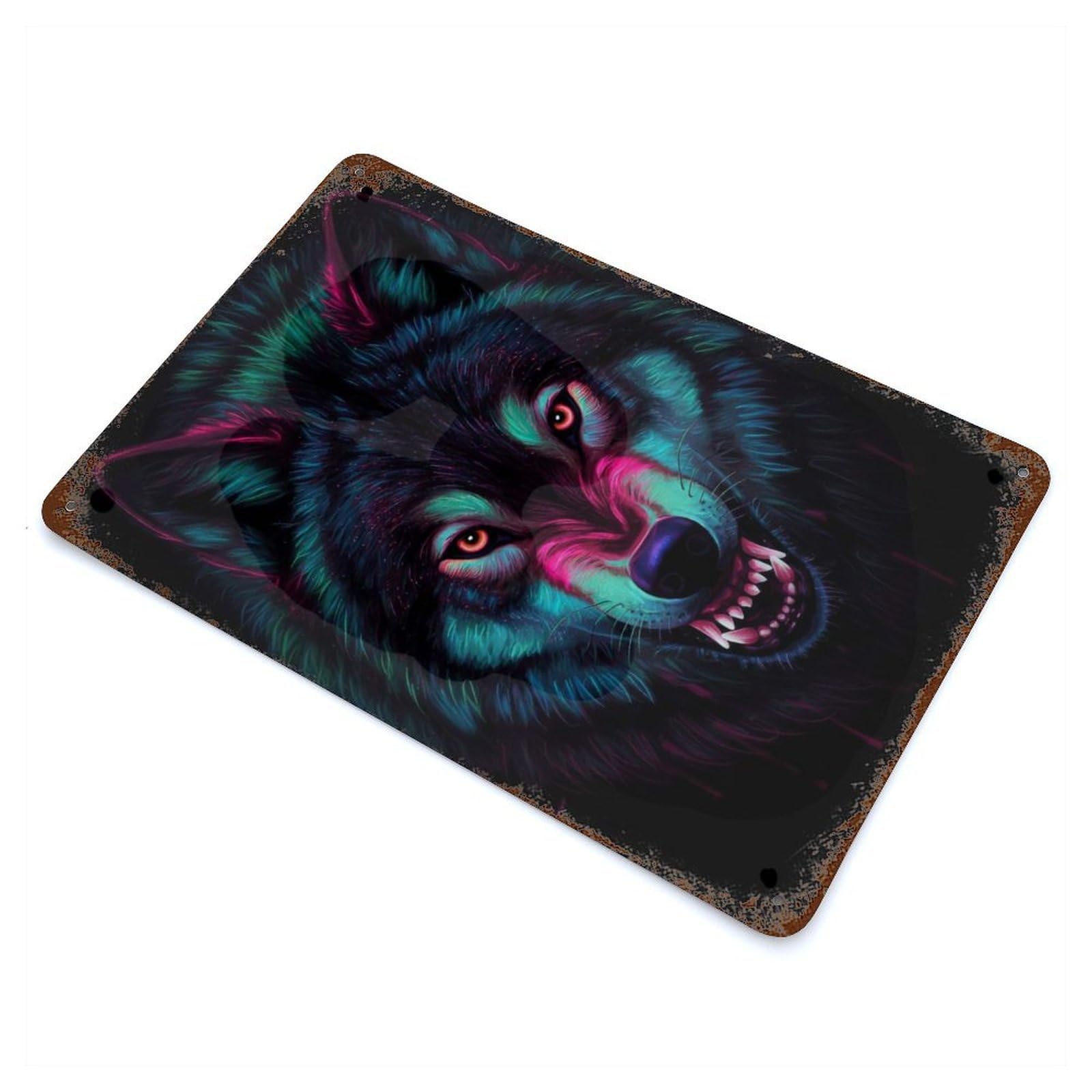 Rust Effect Neon Wolf Portrait Distressed Metal Wall Sign 11.8"x7.9", Decorative Metal Wall Art for Living Room, Hallway And Home Decor