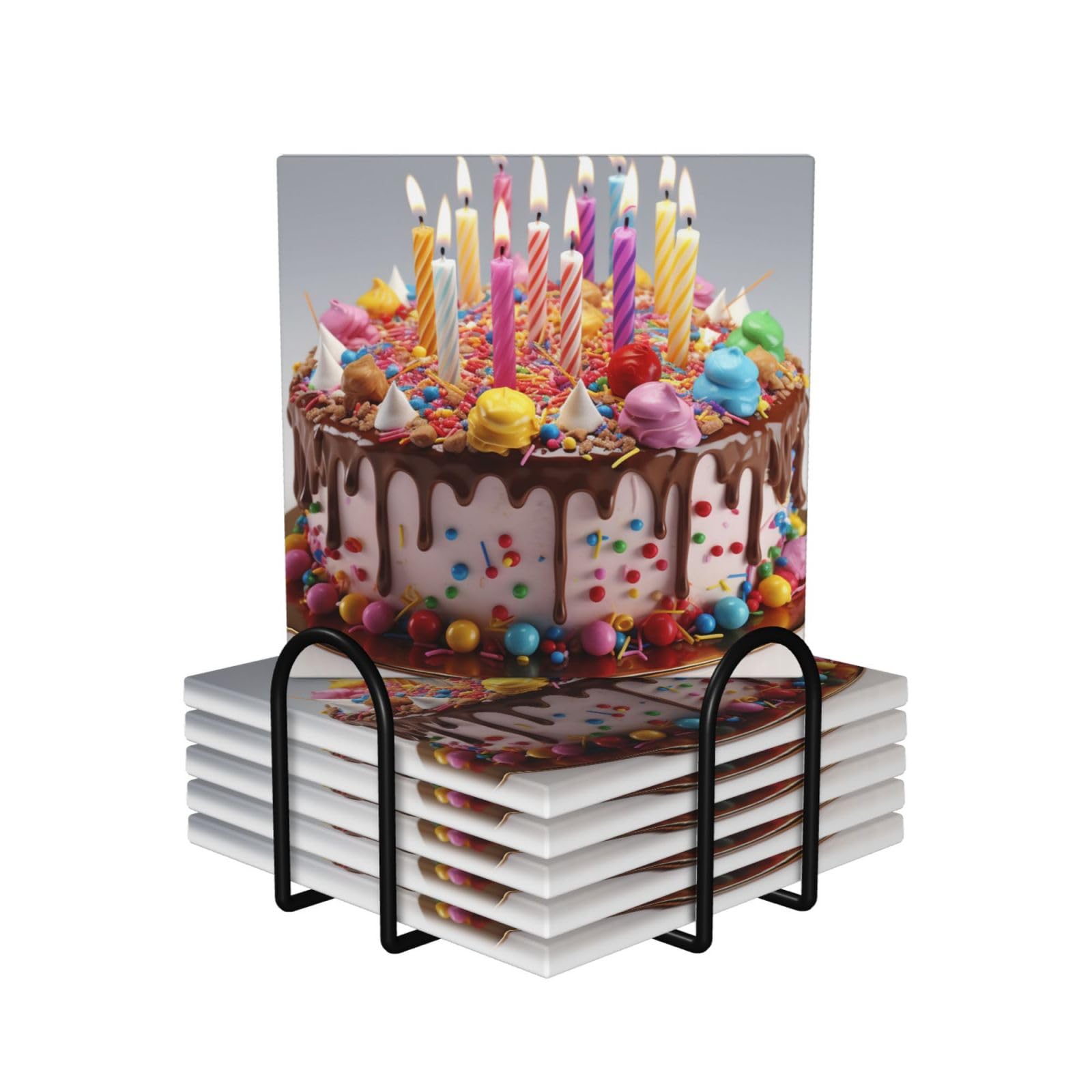 Dessous de verre en céramique x6 Happy Birthday avec support en métal noir