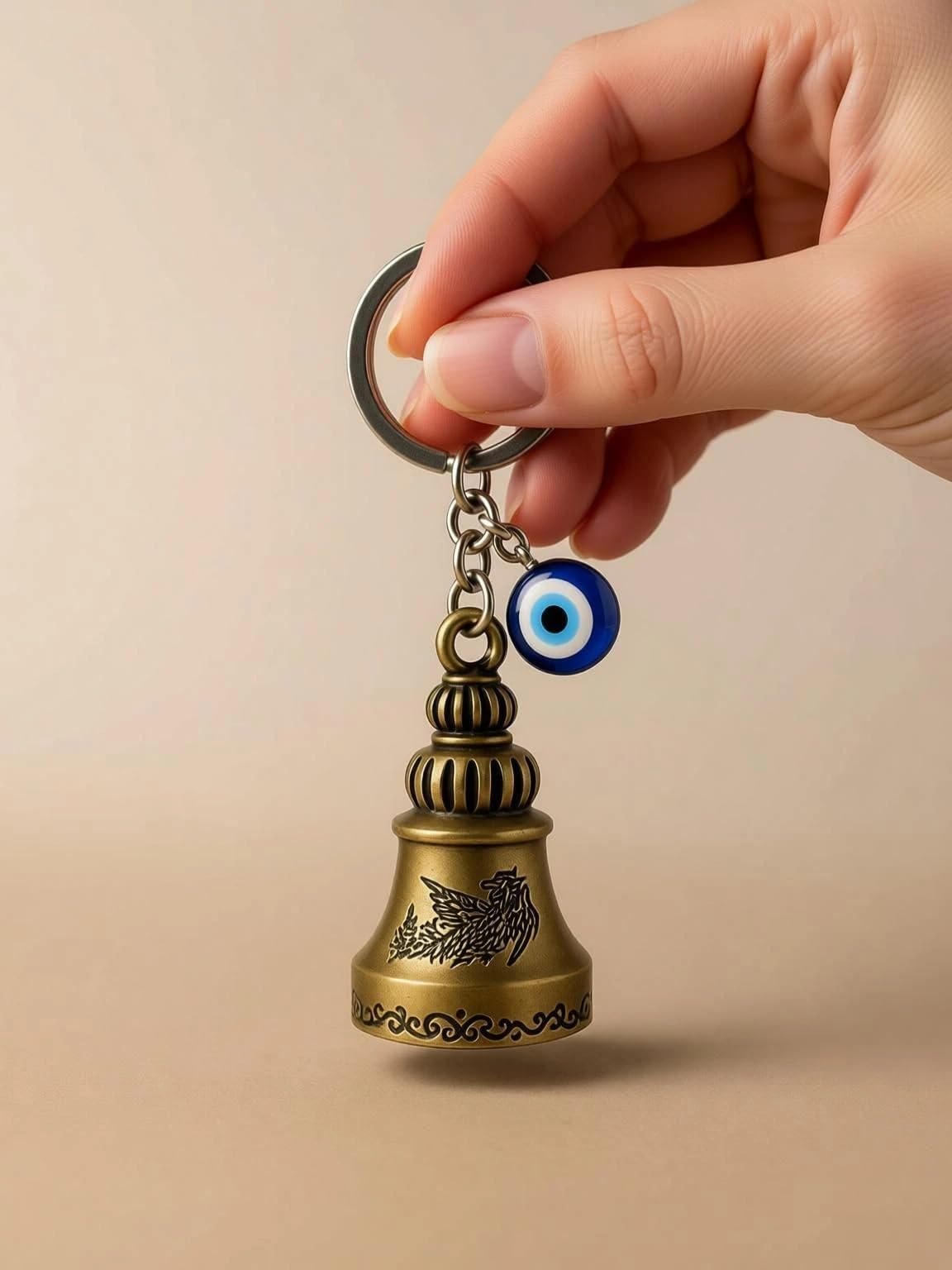 Guardian Bell Keychain with Blue Evil Eye Nazar Charm, Tibetan Engraved Texture, Good Luck Protection for Bike and Car-image-36