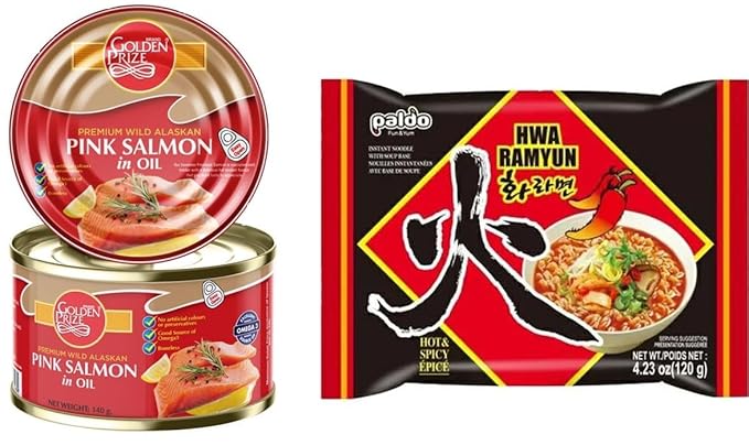 Golden Prize Pink Salmon in Oil, 140g and Paldo Hwa Ramyun Noodles 120g, Combo Pack