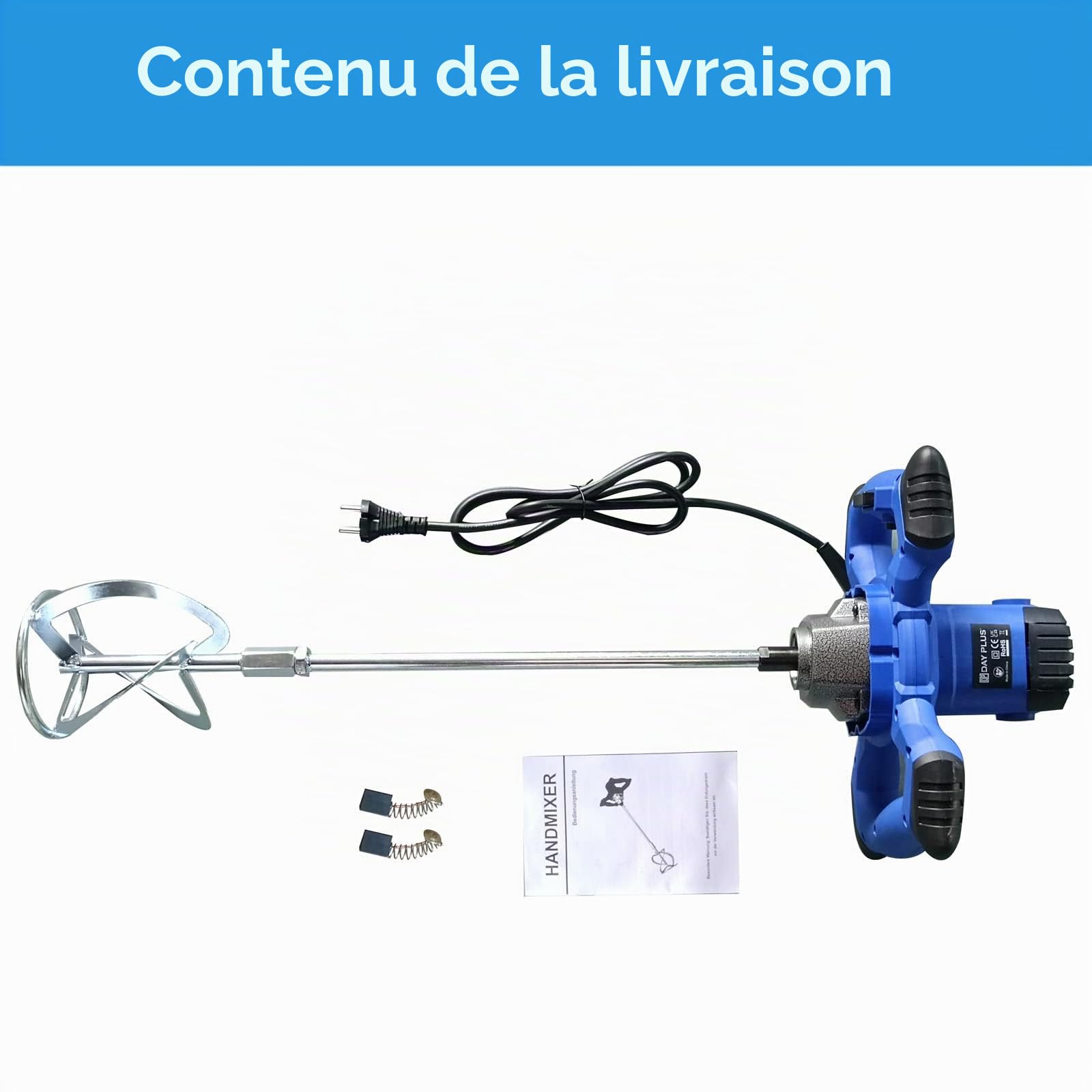 Mélangeur à béton portable, outil mélangeur électrique 2600 W, avec 6 vitesses, pour mélanger les boues de ciment, le mortier, le revêtement de peinture et le perçage