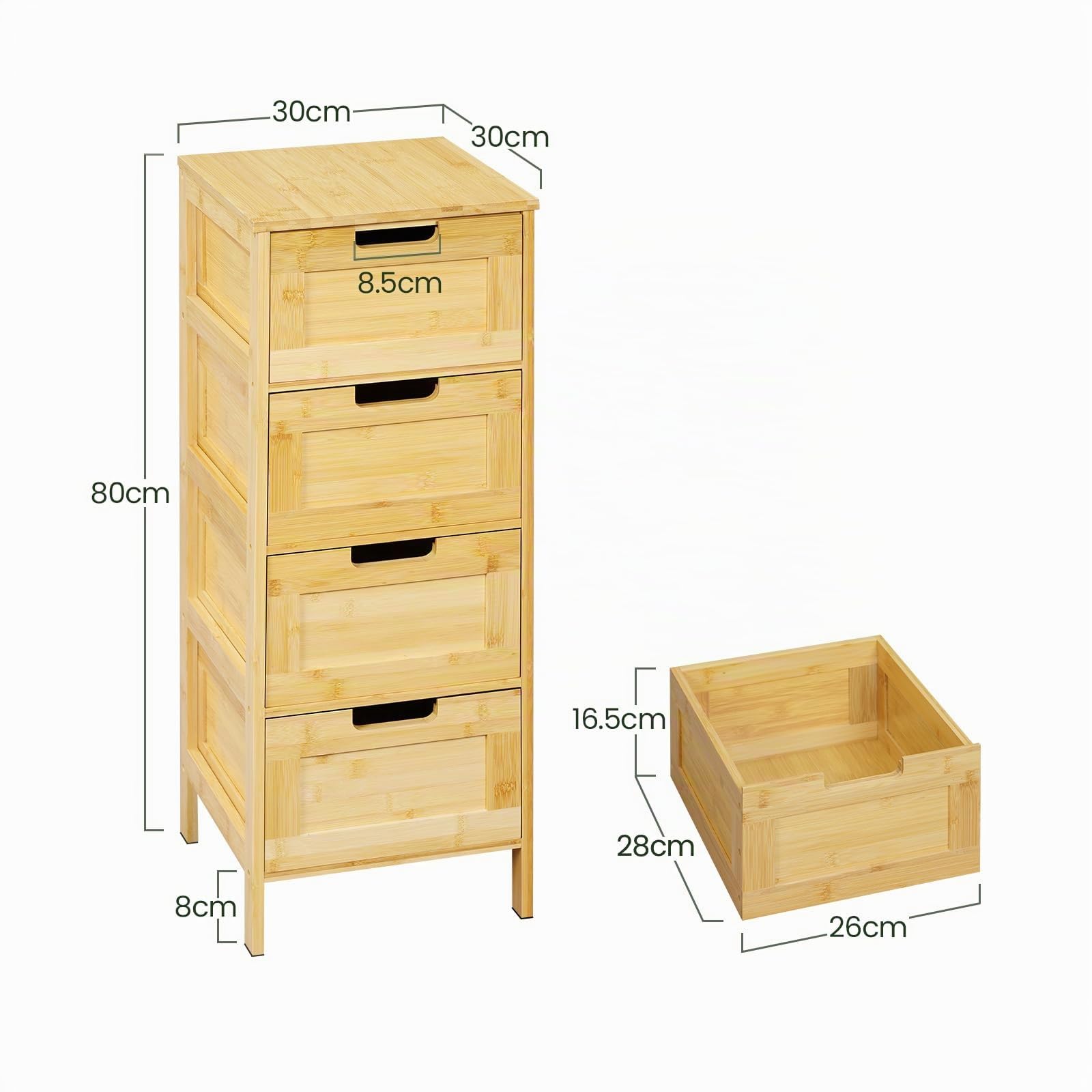 EUGAD Armario Baño con 4 Cajones, Cajonera de Bambú, Armario Estrecho Esquinero para Cocina, Baño y Dormitorio, Protección contra Polvo y Humedad, 30x30x80 cm