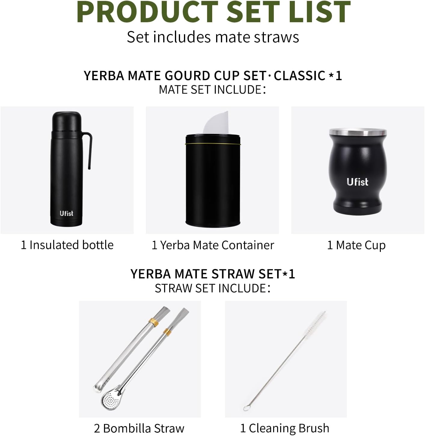 Complete Yerba Mate Kit - Includes Argentina Mate Gourd, 2pcs Straw (Bombilla), Yerbero, 1000ml Insulated Bottle - Stainless Steel Yerba Mate Set (Black)
