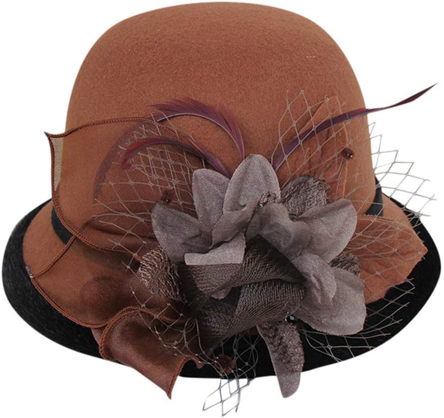 Bowler Hats for Women Flower Feather Wide Brim Fedora Bucket Hat Vintage Elegant Church Hats for Wedding Party Festival