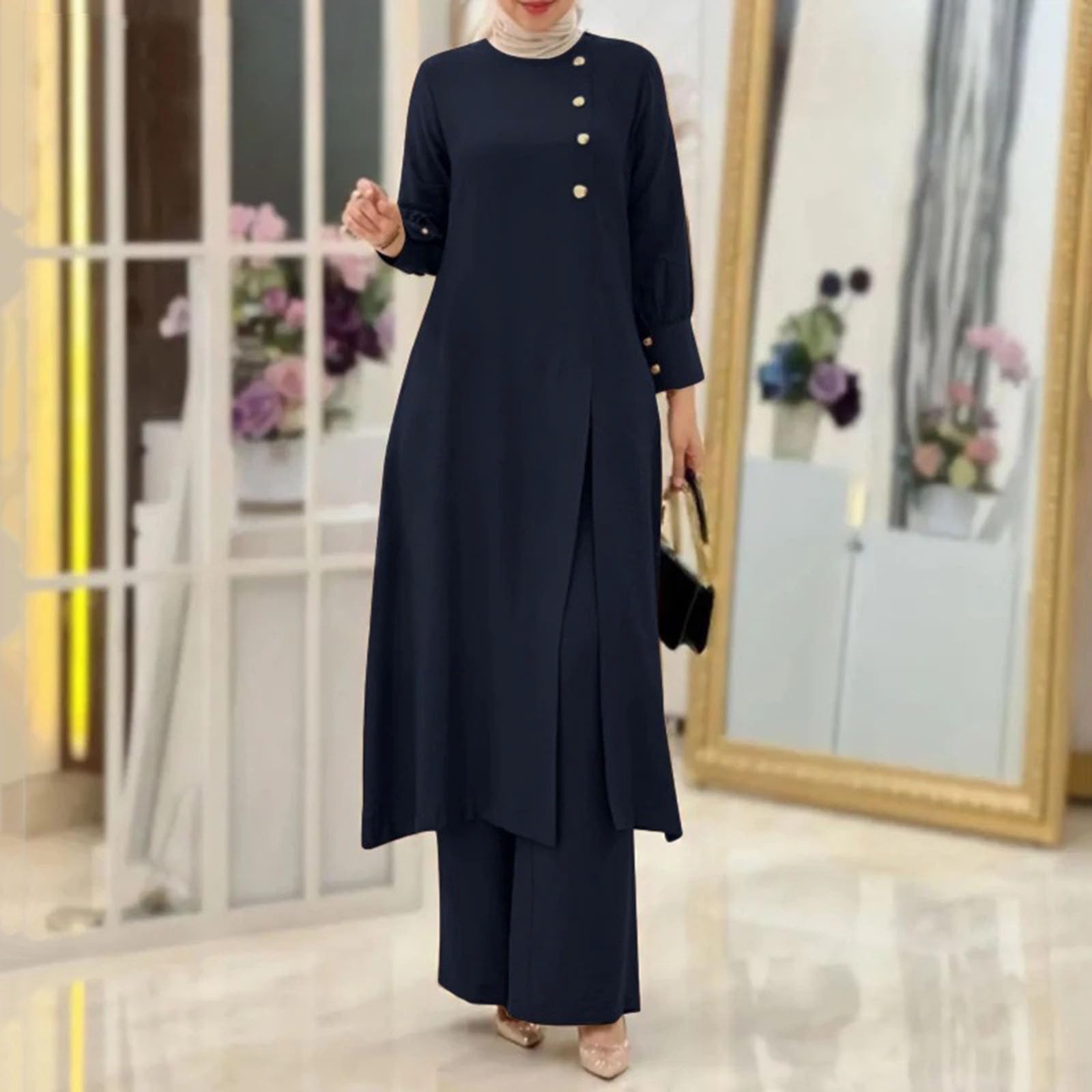 Générique Costume deux pièces pour femmes, à la mode et élégant, couleur unie, petit haut irrégulier avec pantalon à jambes larges, Robe