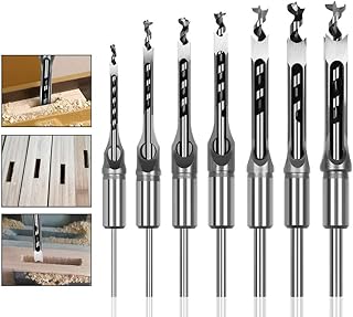 A-XINTONG 4/6/7PCS High Speed Steel 1/4 to 1/2 Square Hole Woodworking Mortise Drill Bit Set Chisel Drill Bits Square Auger Mortising Chisel Drill Set (7PCS)
