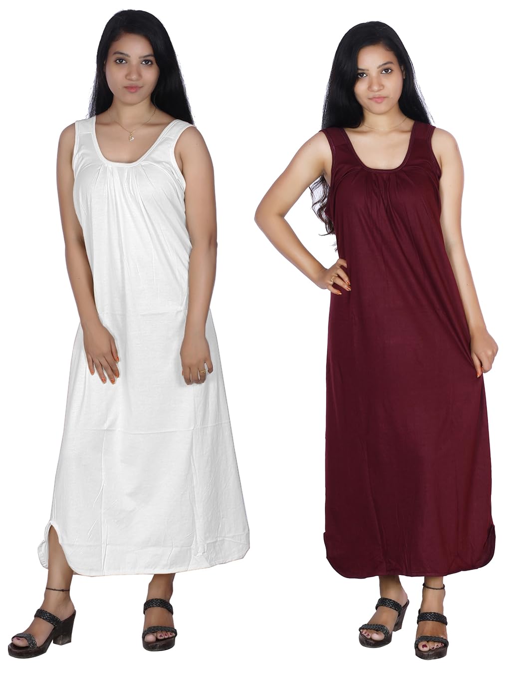 women's cotton full-length nighty slips | soft camisoles for gown maxi and nightwear | comfortable inner slip dress | pack of 2 (pn) white,darkmaroon xxl