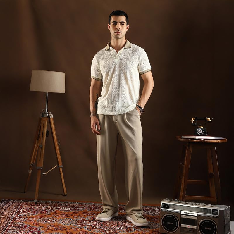 Image of CAHOOT Men's Chalk White & Sand Beige Contrast Rhombus Polo T Shirt for Casual Wear