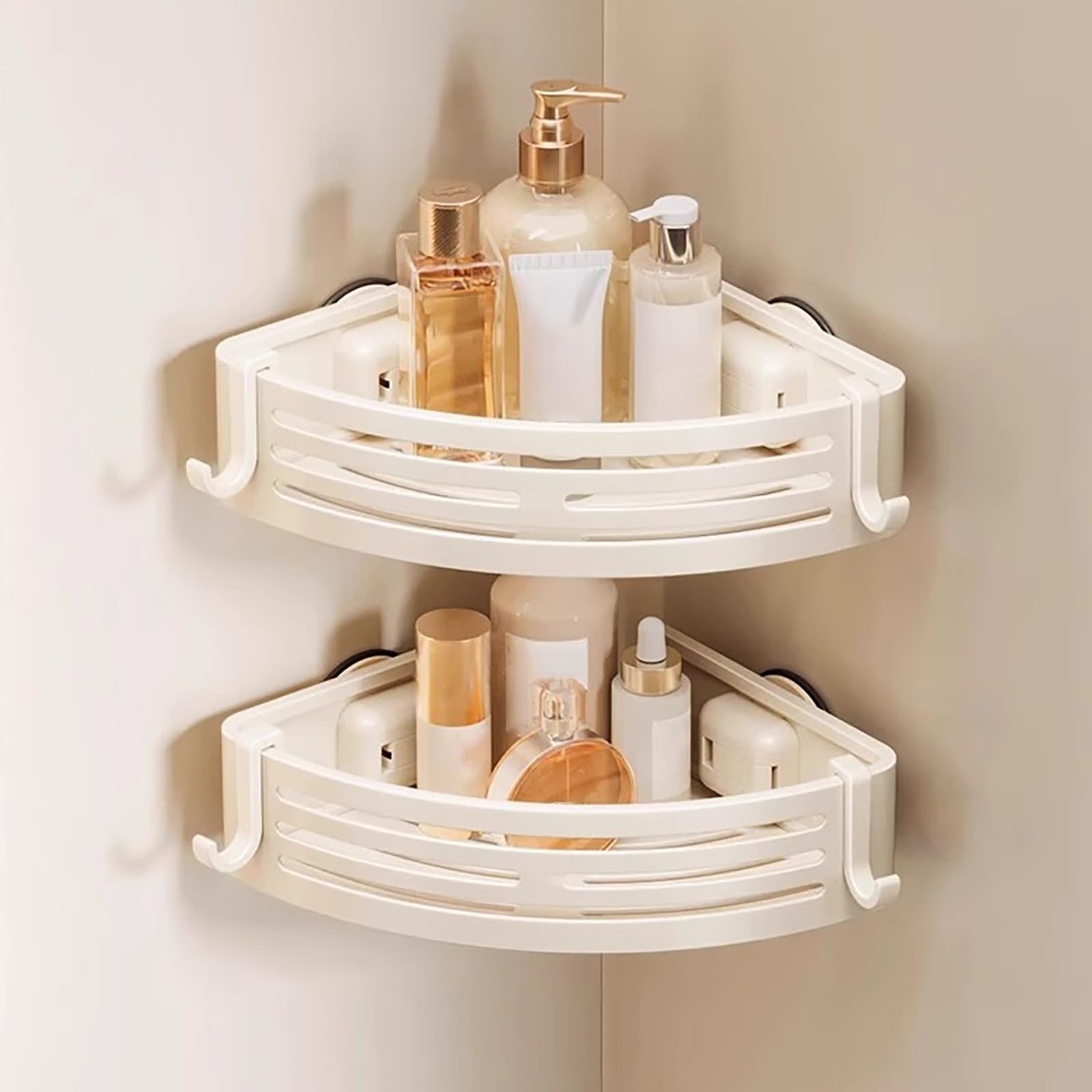 Corner Shower Caddy Suction Cup Bathroom Triangle Shower Shelf Quick Install Cream White High Load Capacity Double layer