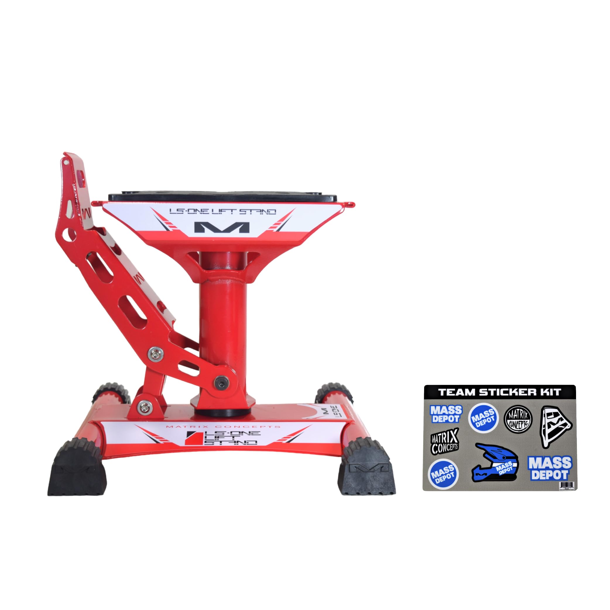 Matrix Concepts LS1 Lift Stand Carbon Steel Construction with a 500 lbs Weight Capacity for Dirt Bikes & Mini Riders Includes Sticker Pack (Red)
