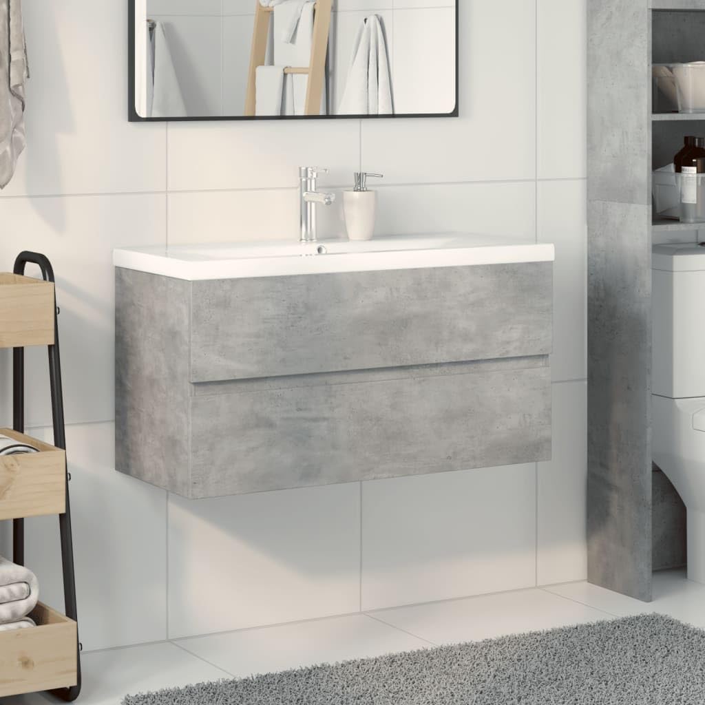 Set Mobili da Bagno 2 Pezzi Grigio Cemento 90 cm | Lavabo in ceramica bianco, truciolato resistente, montaggio a parete, ampio spazio portaoggetti