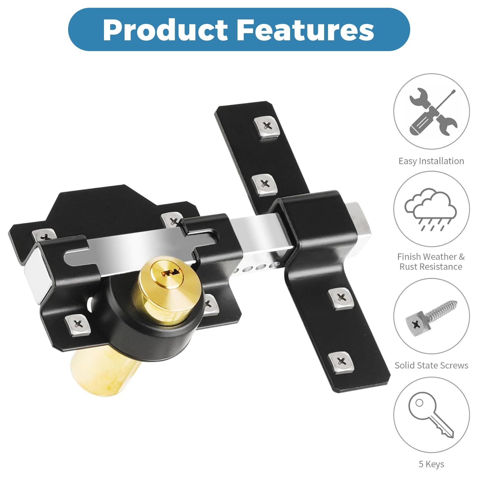 Verrou de Sécurité Porte, Serrure de Porte Double Face 70 mm, Barre Transverse + Clé Mécanique, Double Ouverture Intérieur et Extérieur, Convient pour Cour, Jardin, Porte de Terrasse, 5 Clés Incluses