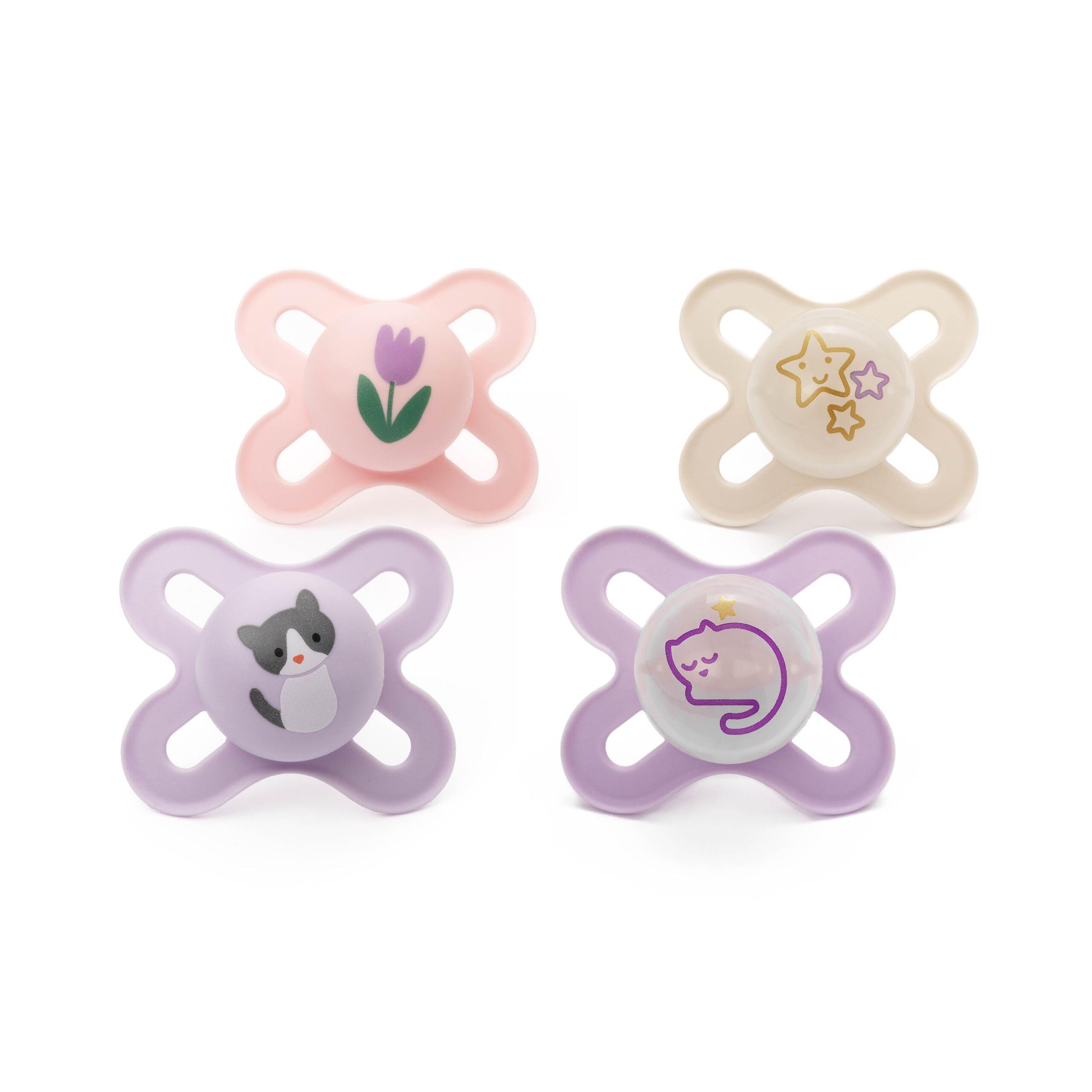 MAM Day & Night Dummies, 0-2M, 4 Pack, Orthodontic, Pink/Purple/Linen