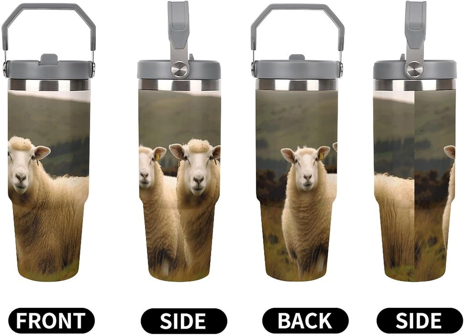 30oz Insulated Tumblers with Top Handle, Stainless Steel Two White Sheep Car Cup with Straw for Gift, Leak-Proof Double Wall Vacuum Travel Mug, Personalized Water Bottles White