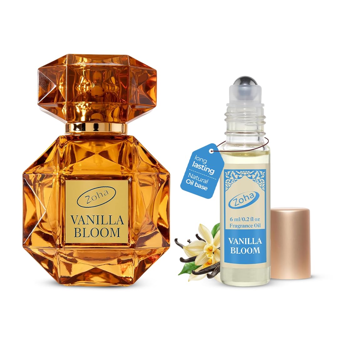 Zoha Perfumes Vanilla Bloom Roll On & Vanilla Bloom Perfume Oil Spray Bundle, Alcohol-Free, Luxurious Fragrances for Women & Men