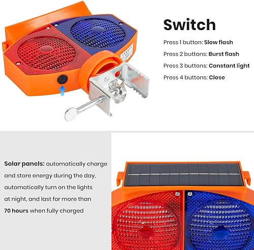 Miniatura 7 de Luz solar estroboscópica de advertencia, 3 modos de funcionamiento, luces de tráfico intermitentes rojas y azules de doble cara, inalámbricas,