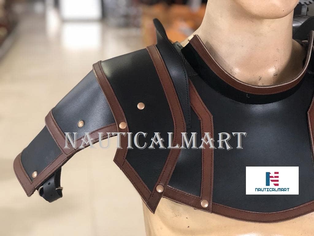 NauticalMart Leather Shoulder Armor Pauldrons with Neck Guard Gorget (Black, Medium)