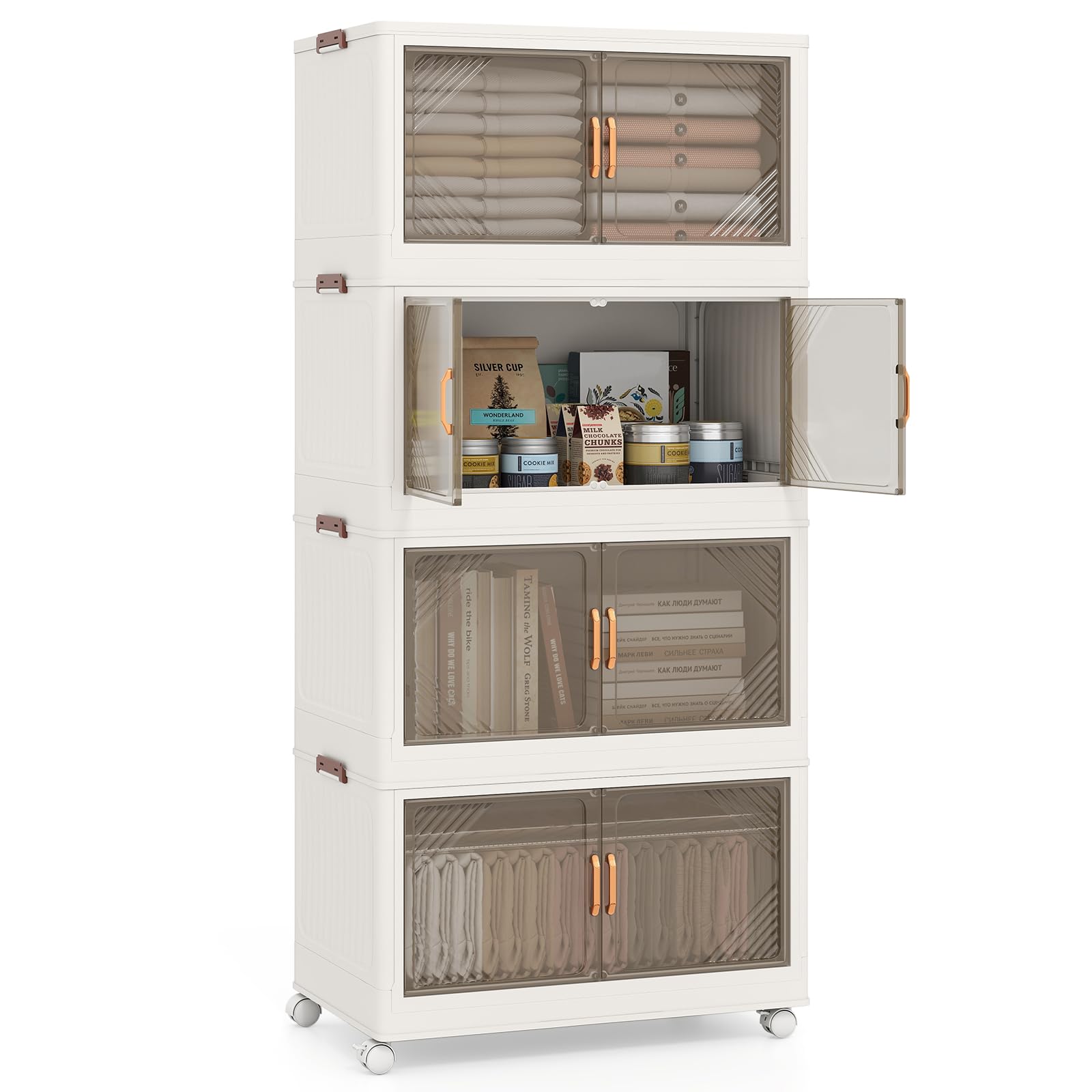 GOPLUS Boite Rangement Empilable et Pliable à 4 Niveaux en PP, Caisse Rangement avec roulettes, 71L par Niveaux, Couvercle Amovible, Portes Magnétique, Boucles Latéraux, Chambre, Salon
