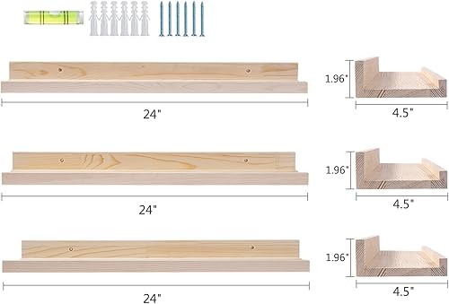 Miniatura 6 de AZSKY Estantes flotantes para fotos de 24 pulgadas, un juego de 3 repisas largas y estrechas para fotos, marco de fotos, estante vintage para