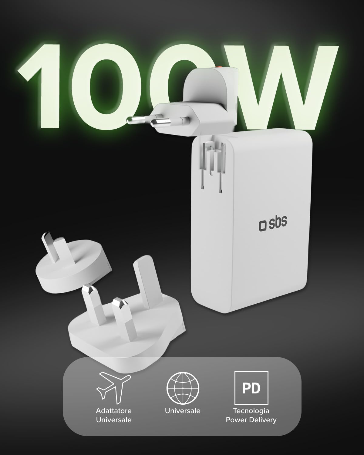 SBS Travel Adapter USB-C 100W, Caricatore da Viaggio con Spine US/UK/EU/AU | Convertitore Adattattore 4 porte USB, Power Delivery (PD), Ricarica Rapida per iPhone, Android, MacBook e Notebook, Bianco