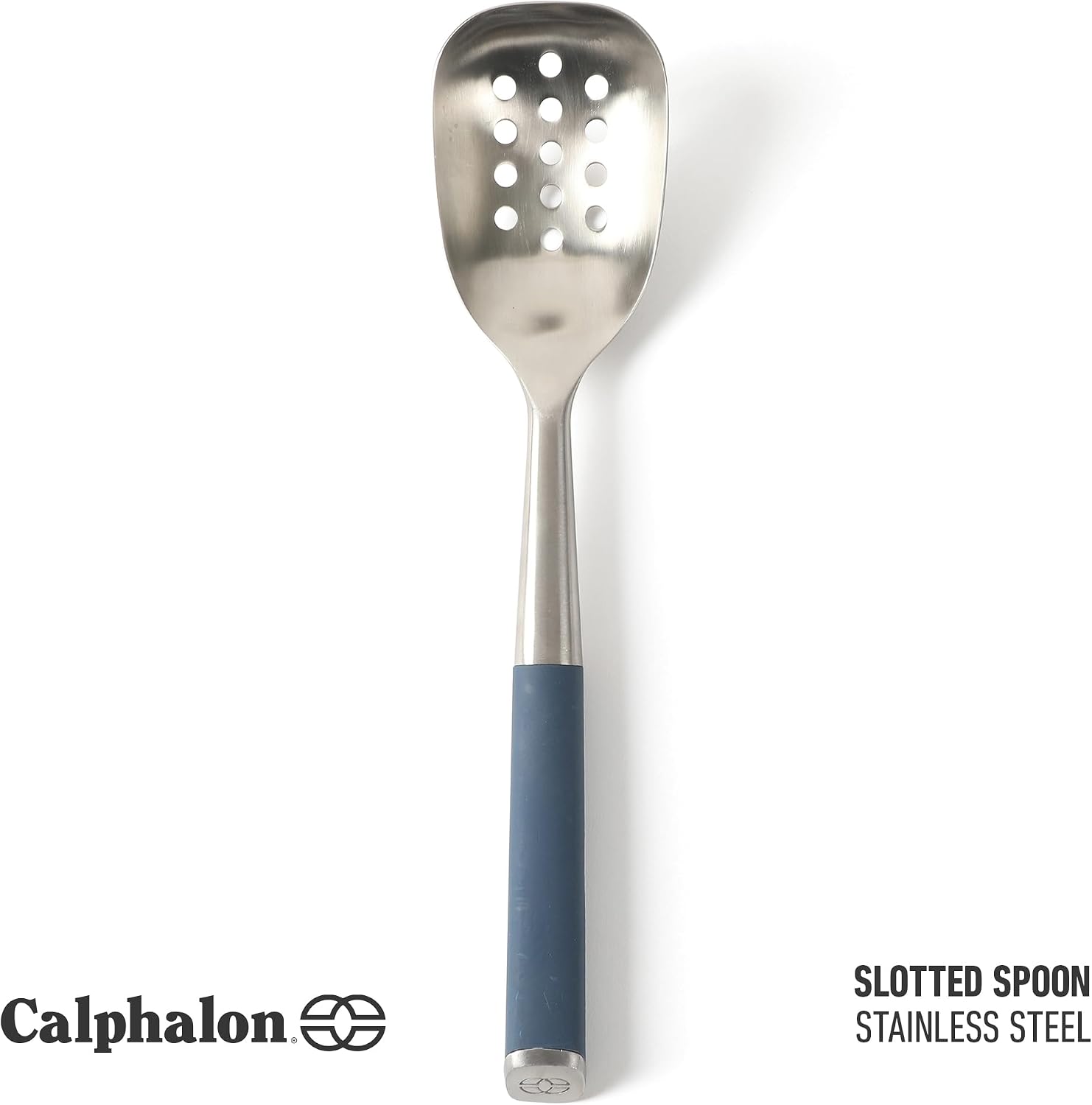 Calphalon Edge Slotted Spoon, Kitchen Stainless Steel Strainer Spoon with Heat Resistance Silicone Handle, Nonstick-Safe Straining Spoon, Durable Kitchen Utensil (Navy Blue)